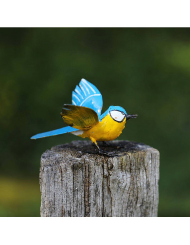 Mésange bleue ailes ouvertes en métal recyclé-Petits oiseaux