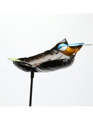 Tuteur mangeoire mésange bleue en métal recyclé-Mangeoire oiseaux sur pied