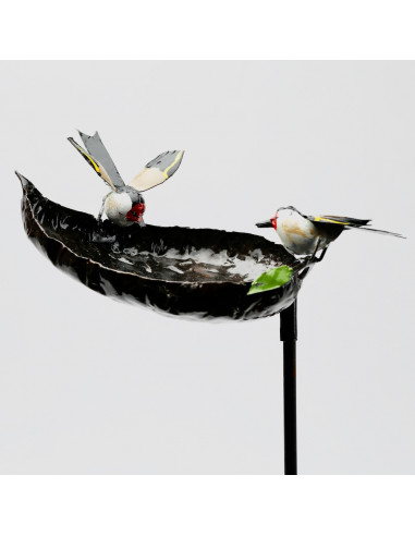 Tuteur mangeoire et 2 chardonnerets élégants en métal recyclé-Mangeoire oiseaux sur pied