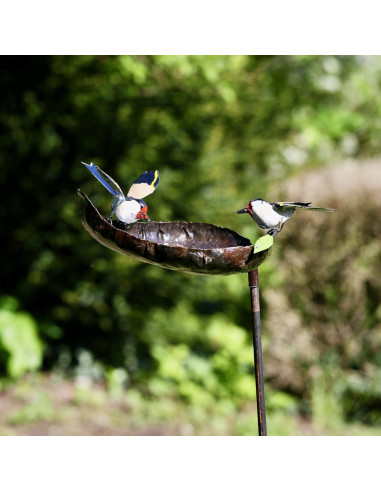 Tuteur mangeoire et 2 chardonnerets élégants en métal recyclé deco jardin