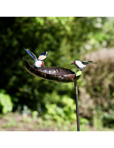 Tuteur mangeoire et 2 chardonnerets élégants en métal recyclé deco jardin