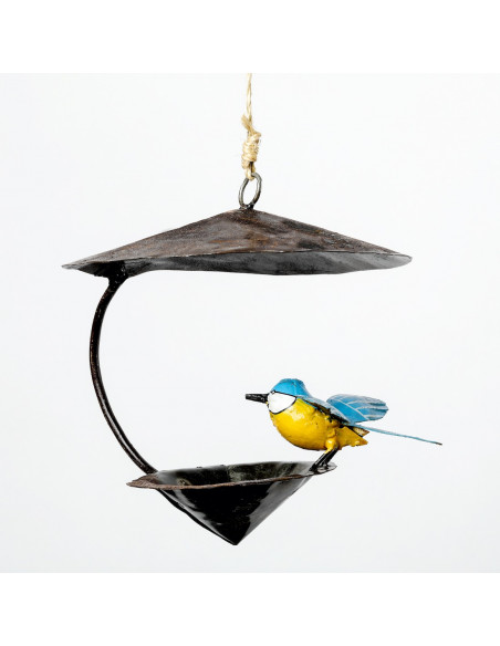 Suspension conique mésange bleue en métal recyclé deco jardin