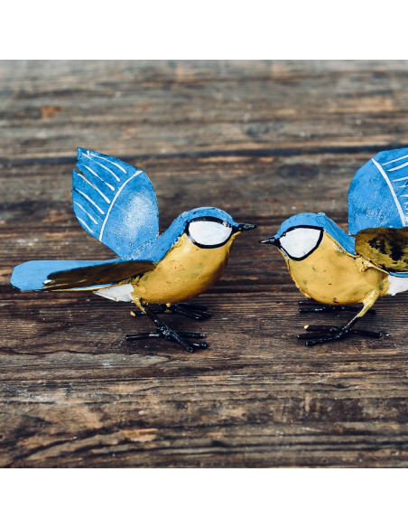 Mésange bleue ailes ouvertes en métal recyclé deco jardin