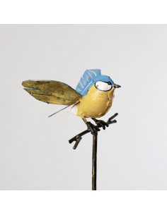 Tuteur Mésange bleue ailes ouvertes en métal recyclé deco jardin