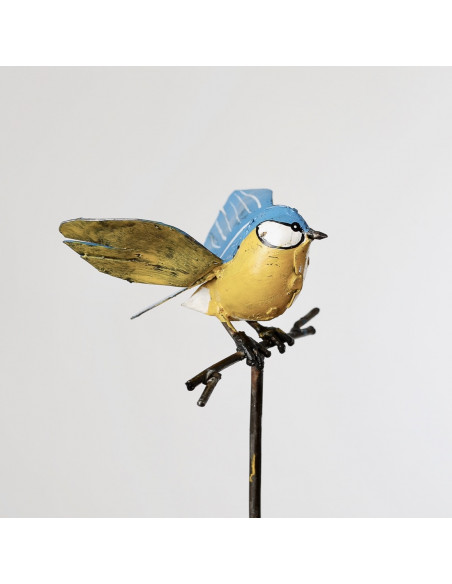 Tuteur Mésange bleue ailes ouvertes en métal recyclé deco jardin