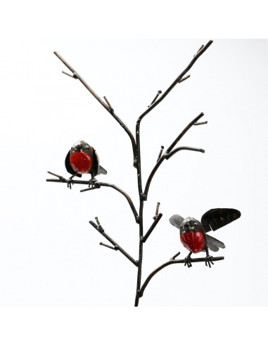 Tuteur 2 Rouge-Gorge métal recyclé sur branche-Tuteurs oiseaux