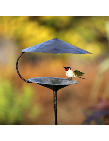 Mangeoire pour les oiseaux avec chardonneret élégant aux ailes déployées -  métal recyclé