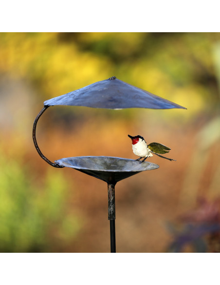 Mangeoire pour les oiseaux avec chardonneret élégant aux ailes déployées - métal recyclé deco jardin