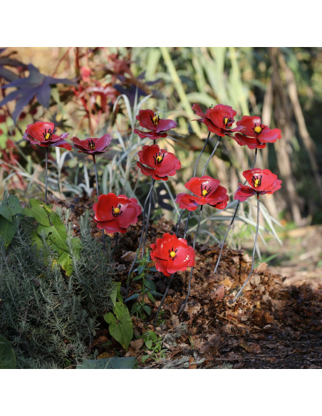 Fleur de coquelicot en métal recyclé peint deco jardin