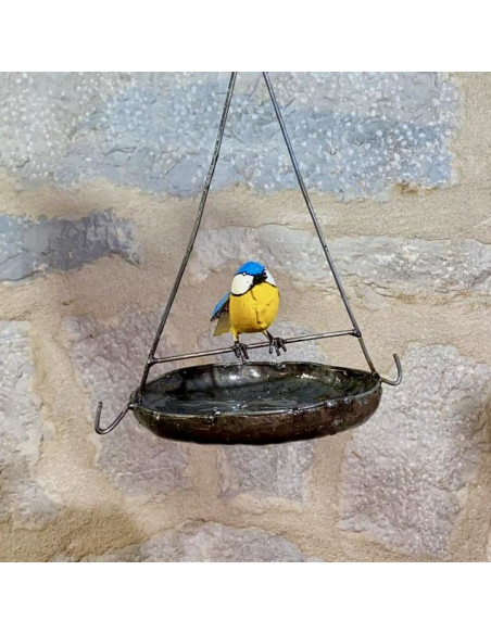 Suspension ronde avec mésange bleue - déco jardin-Mangeoire oiseaux à suspendre