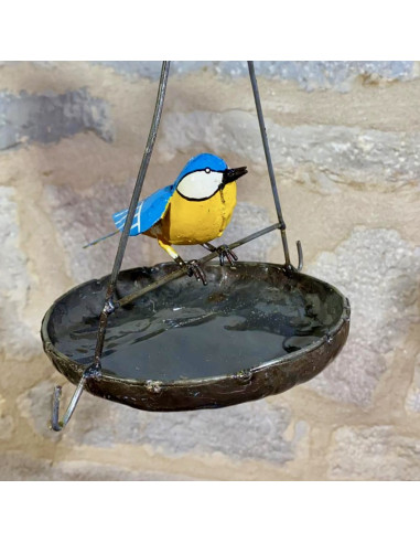 Suspension ronde avec mésange bleue - déco jardin-Mangeoire oiseaux à suspendre