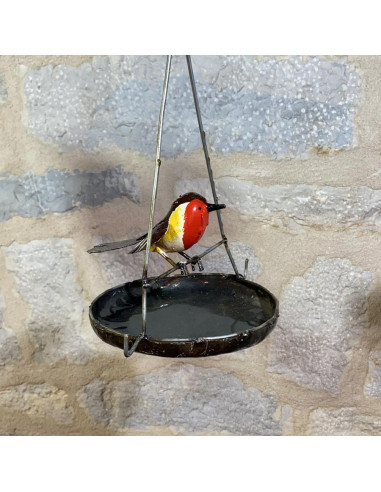 Suspension ronde Rouge Gorge - déco jardin en métal-Mangeoire oiseaux à suspendre