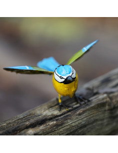 Mésange charbonnière ailes ouvertes en métal recyclé peint deco jardin