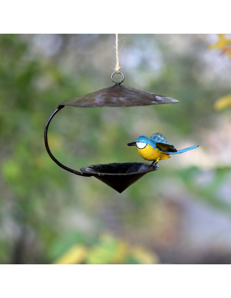 Suspension conique mésange bleue en métal recyclé deco jardin