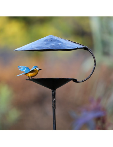 Mangeoire pour les oiseaux sur pied avec mésange - ailes ouvertes-Mangeoire oiseaux sur pied