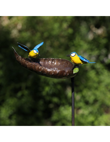Mangeoire à oiseaux avec 2 mésanges bleues-Mangeoire oiseaux sur pied
