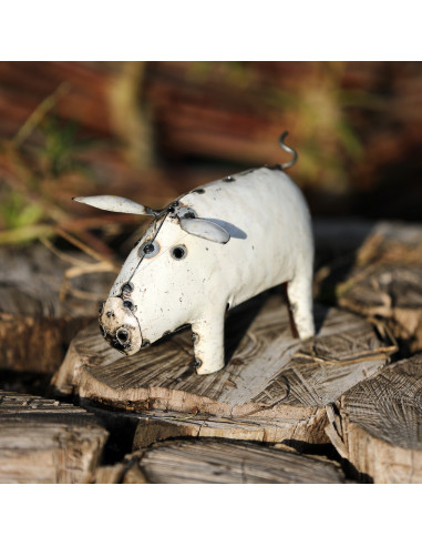 Cochon en métal recyclé blanc-Basse-cour et animaux de la ferme