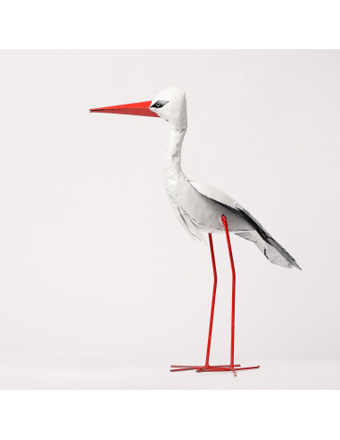Cigogne peinte à la main en métal recyclé - 70 cm deco jardin