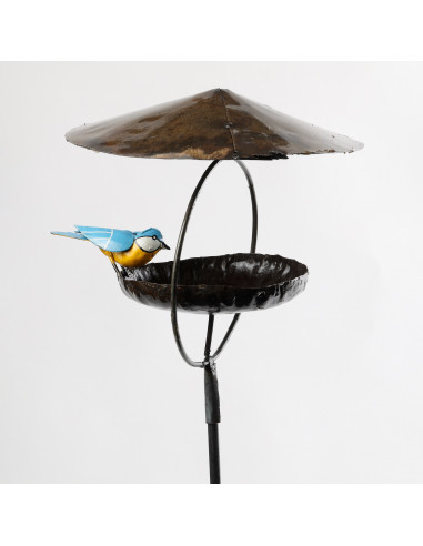 Mangeoire pour les oiseaux sur pied avec mésange en métal recyclé-Mangeoire oiseaux sur pied