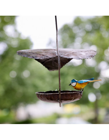Suspension feuille avec une mésange bleue en métal recyclé deco jardin