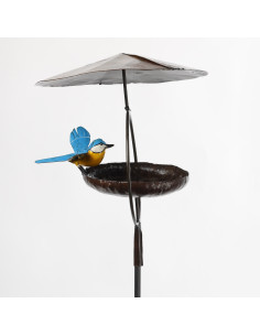 Mangeoire pour les oiseaux sur pied avec mésange ailes ouvertes en métal recyclé deco jardin