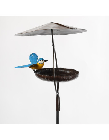 Mangeoire pour les oiseaux sur pied avec mésange ailes ouvertes en métal recyclé deco jardin