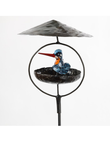 Mangeoire pour les oiseaux sur pied avec Martin Pêcheur en métal recyclé deco jardin