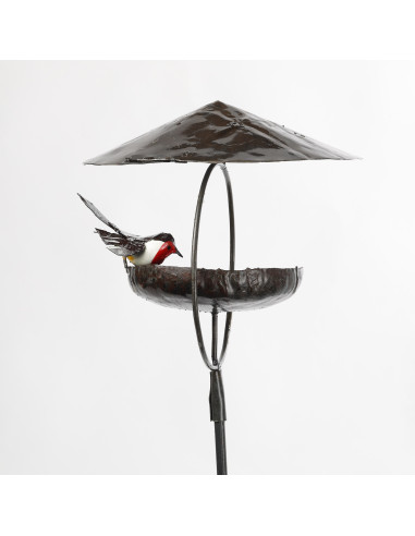 Mangeoire pour les oiseaux sur pied avec Rouge Gorge en métal recyclé deco jardin