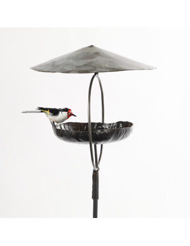 Mangeoire pour les oiseaux sur pied avec Chardonneret Elégant en métal recyclé deco jardin