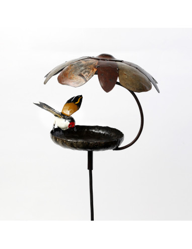 Mangeoire "Citrouille" à oiseaux sur pied avec chardonneret élégant deco jardin