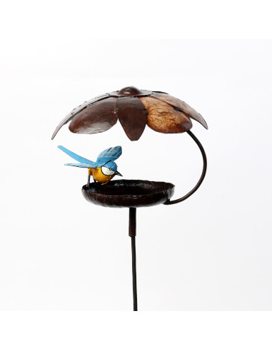 Mangeoire "Citrouille" à oiseaux sur pied avec mésange bleue deco jardin